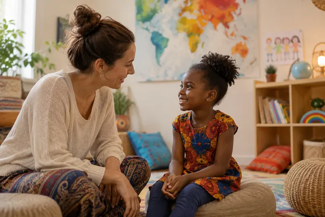 Une adulte et une enfant assises face à face sur des poufs dans une pièce claire aux coussins colorés, se souriant.