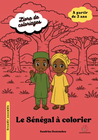 Couverture du cahier « Le Sénégal à colorier » : deux enfants qui saluent devant des baobabs, dessinés dans un style manga.
