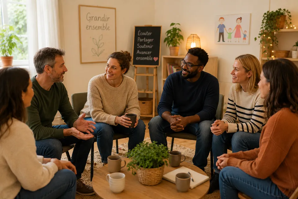 Six adultes assis en cercle autour d'une table basse, dans une pièce où un tableau porte les mots « Écouter, Partager, Soutenir, Avancer ensemble ».