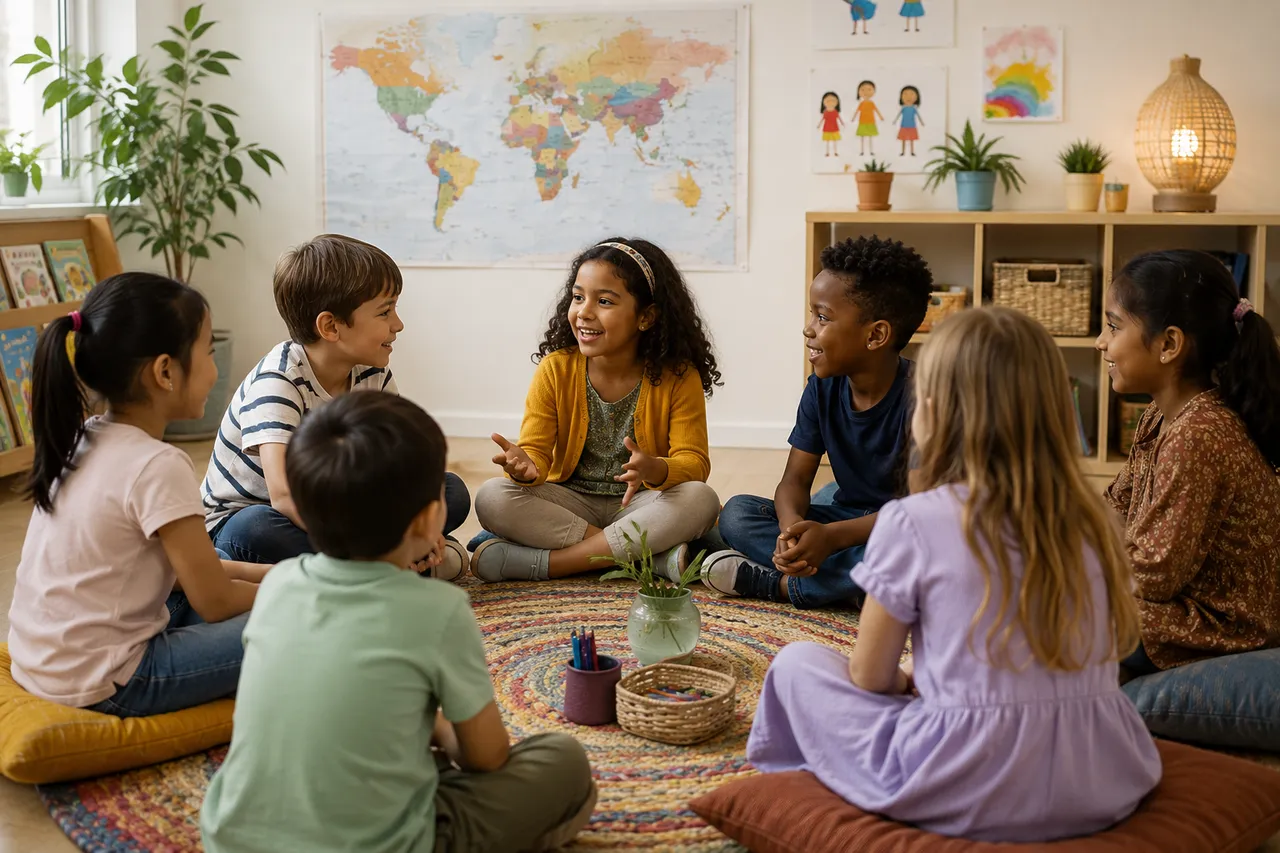 Sept enfants d'origines diverses assis en cercle sur un tapis, dans une salle d'activités où une carte du monde est affichée au mur.