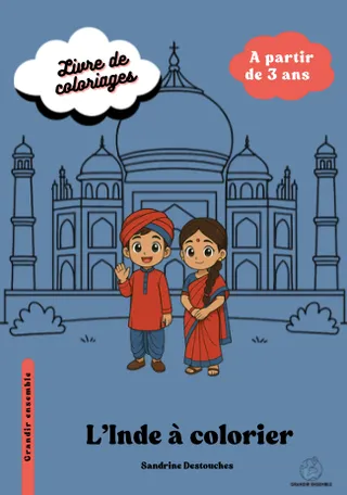 Couverture du cahier « L'Inde à colorier » : un garçon coiffé d'un turban et une fille en sari devant un palais à coupoles, dessinés dans un style manga.