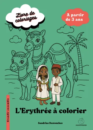 Couverture du cahier « L'Erythrée à colorier » : deux enfants devant des dromadaires et un palmier, dessinés dans un style manga.