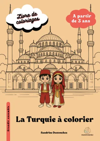Couverture du cahier « La Turquie à colorier » : deux enfants en tenue traditionnelle rouge et or devant une grande mosquée à coupoles et minarets, dessinés dans un style manga.